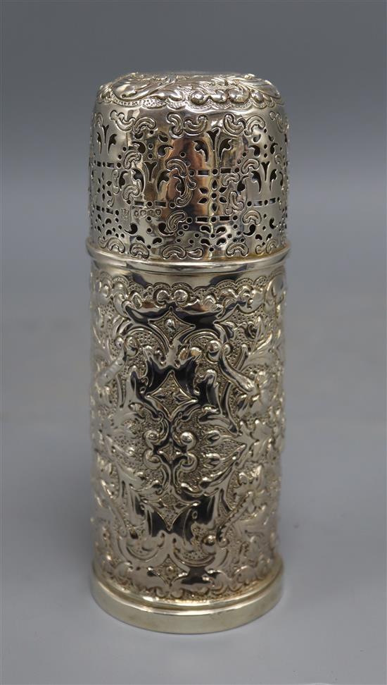 A Victorian repousse silver lighthouse sugar caster, Horace Woodward & Co, London, 1886, 17.8cm, 7oz.